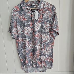 Depart West Pineapple Print Button Shirt Gray Orange Tropical Size L NWT